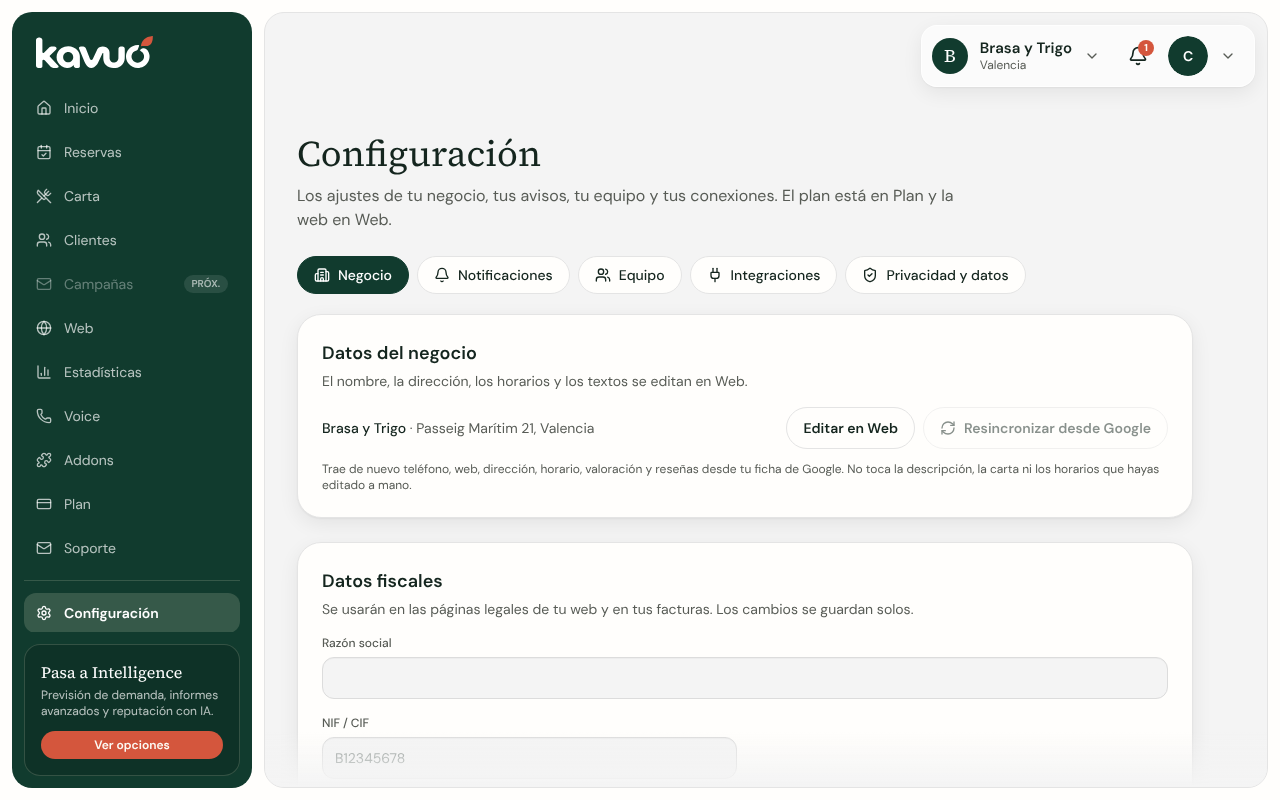 Configuración del negocio